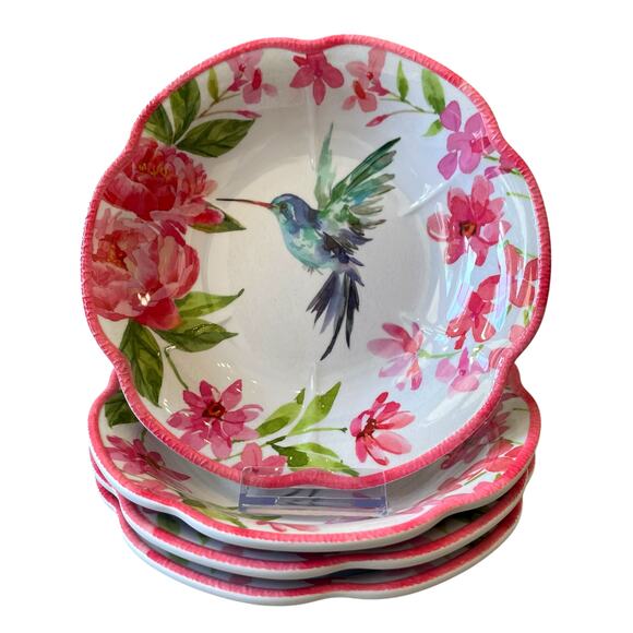 SOHO LOFT Hummingbird Pink Floral Melamine Salad Bowls 8in Set of 4 Spring NEW - Picture 2 of 15